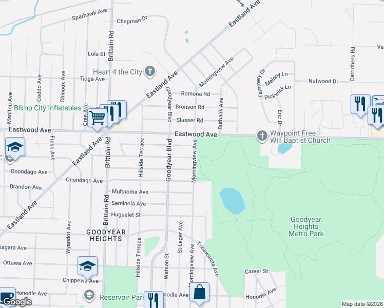 map of restaurants, bars, coffee shops, grocery stores, and more near 1620 Simcoe Avenue in Akron