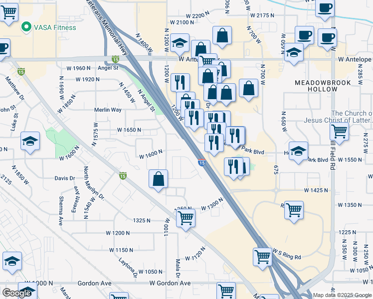 map of restaurants, bars, coffee shops, grocery stores, and more near 1140 West 1600 North in Layton