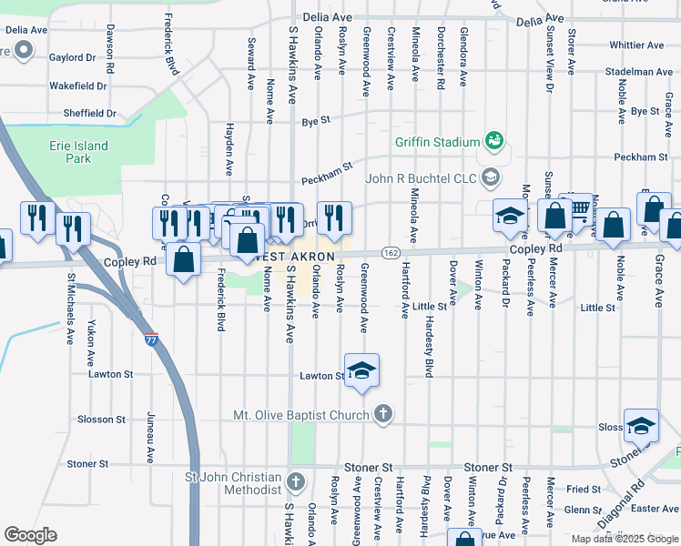 map of restaurants, bars, coffee shops, grocery stores, and more near 917 Roslyn Avenue in Akron