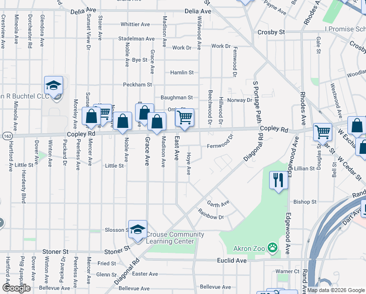 map of restaurants, bars, coffee shops, grocery stores, and more near 635 Fernwood Drive in Akron