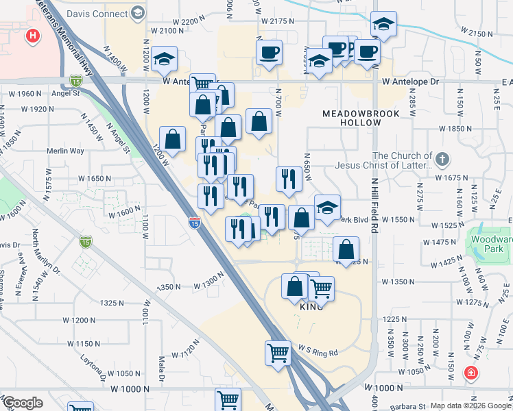 map of restaurants, bars, coffee shops, grocery stores, and more near 770 Heritage Park Boulevard in Layton