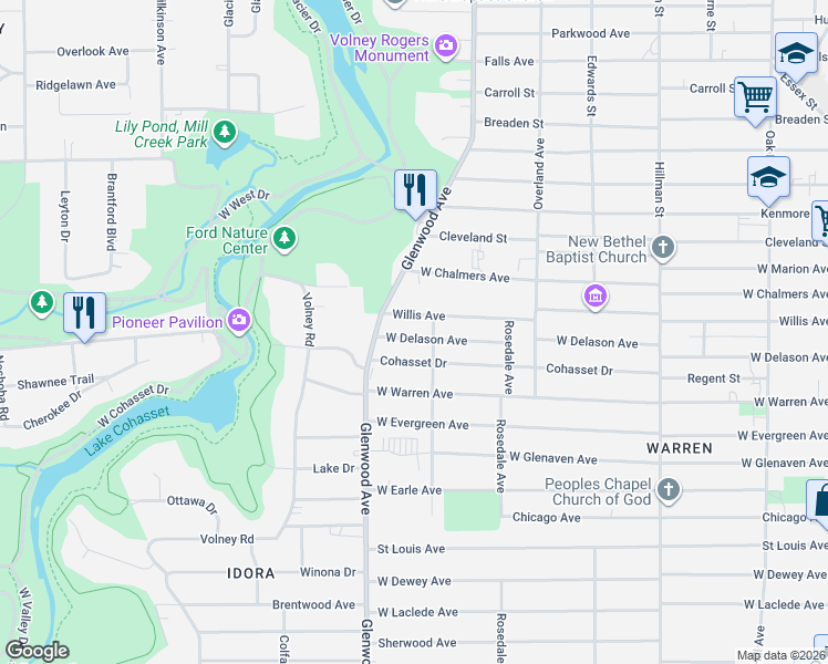map of restaurants, bars, coffee shops, grocery stores, and more near 605 Willis Avenue in Youngstown
