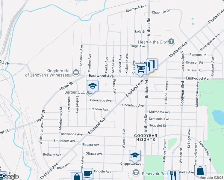 map of restaurants, bars, coffee shops, grocery stores, and more near 1319 Leonora Avenue in Akron