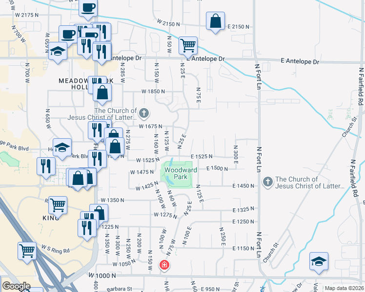 map of restaurants, bars, coffee shops, grocery stores, and more near 1606 North 25 East in Layton