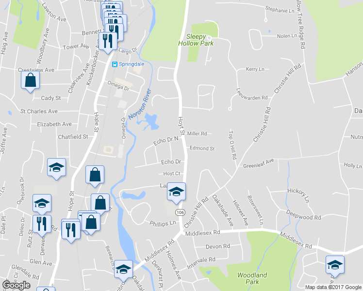 map of restaurants, bars, coffee shops, grocery stores, and more near 80 Hoyt Street in Darien