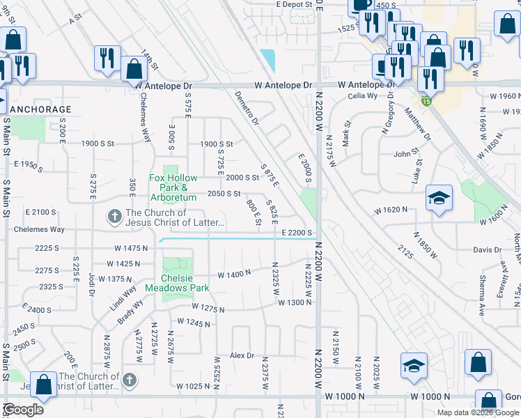map of restaurants, bars, coffee shops, grocery stores, and more near 2095 800 East Street in Clearfield