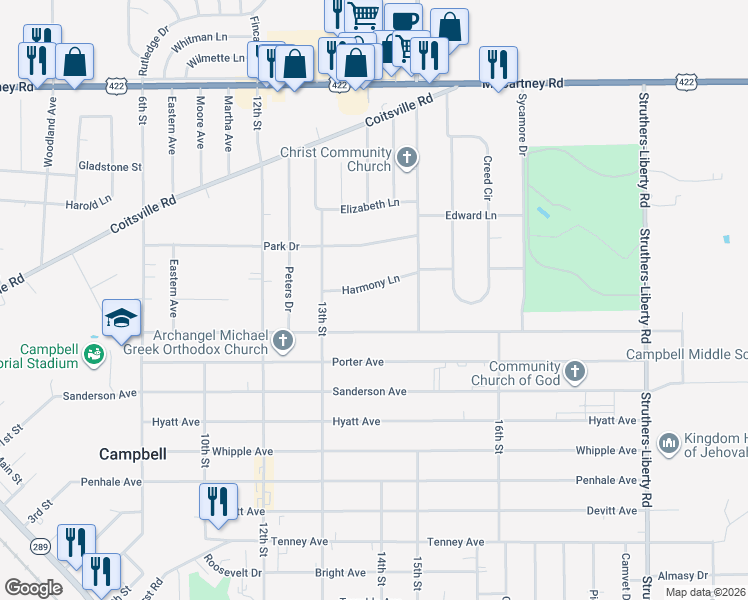 map of restaurants, bars, coffee shops, grocery stores, and more near 481 Harmony Ln in Campbell