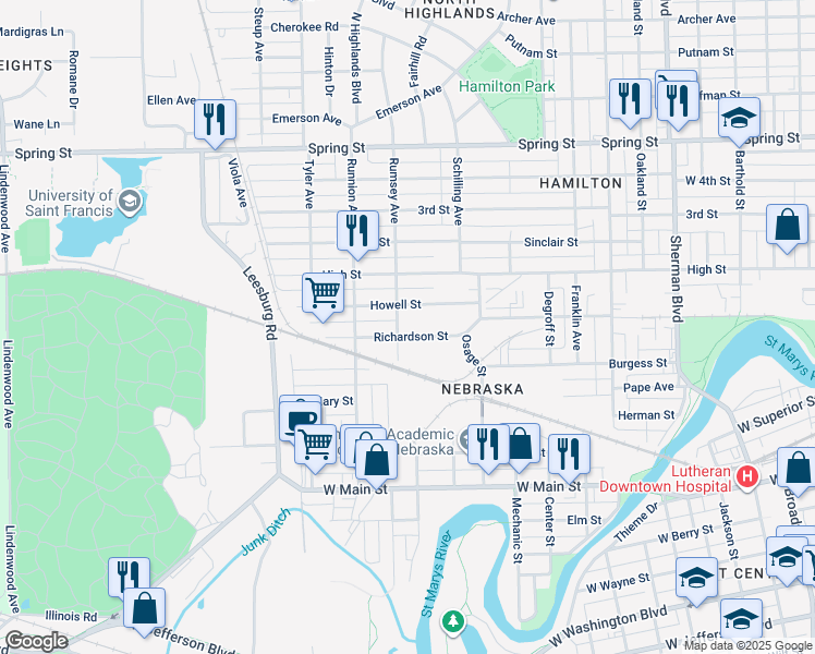 map of restaurants, bars, coffee shops, grocery stores, and more near 1652 Richardson Street in Fort Wayne