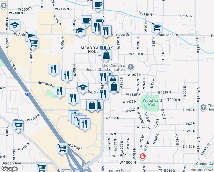 map of restaurants, bars, coffee shops, grocery stores, and more near 1635 North Hill Field Road in Layton
