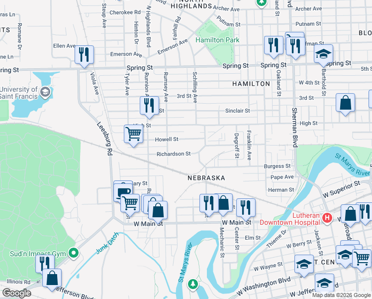 map of restaurants, bars, coffee shops, grocery stores, and more near 1620 Richardson St in Fort Wayne