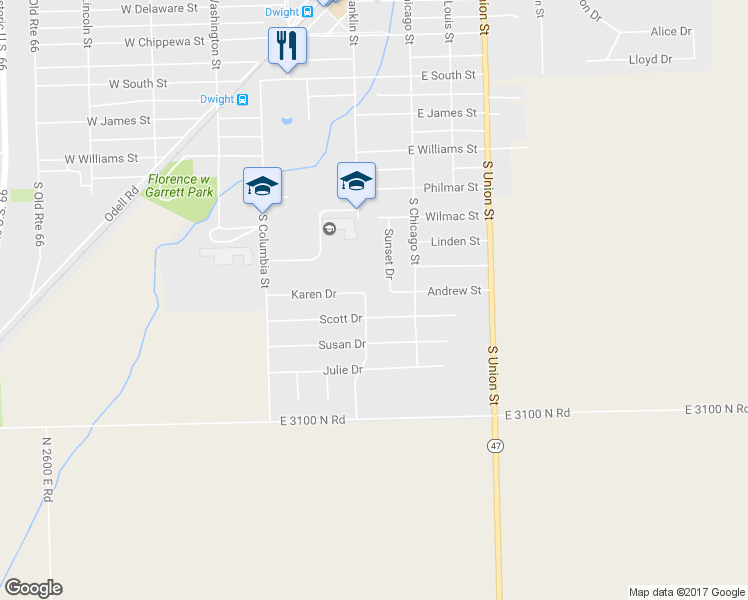 map of restaurants, bars, coffee shops, grocery stores, and more near 1102 Greenfield Drive in Dwight