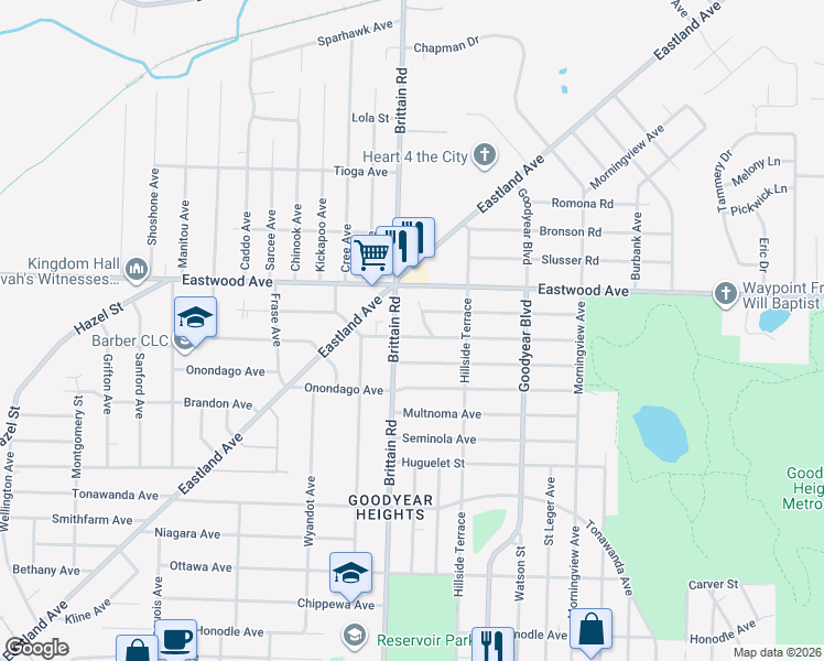 map of restaurants, bars, coffee shops, grocery stores, and more near 1441 Osage Avenue in Akron