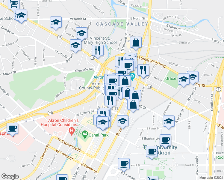 map of restaurants, bars, coffee shops, grocery stores, and more near 76 South Main Street in Akron