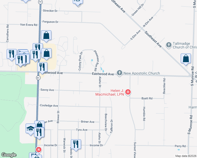 map of restaurants, bars, coffee shops, grocery stores, and more near 730 Alaho Street in Akron