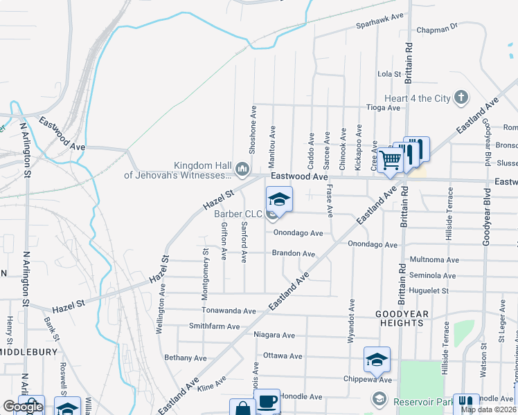map of restaurants, bars, coffee shops, grocery stores, and more near 689 Garry Road in Akron