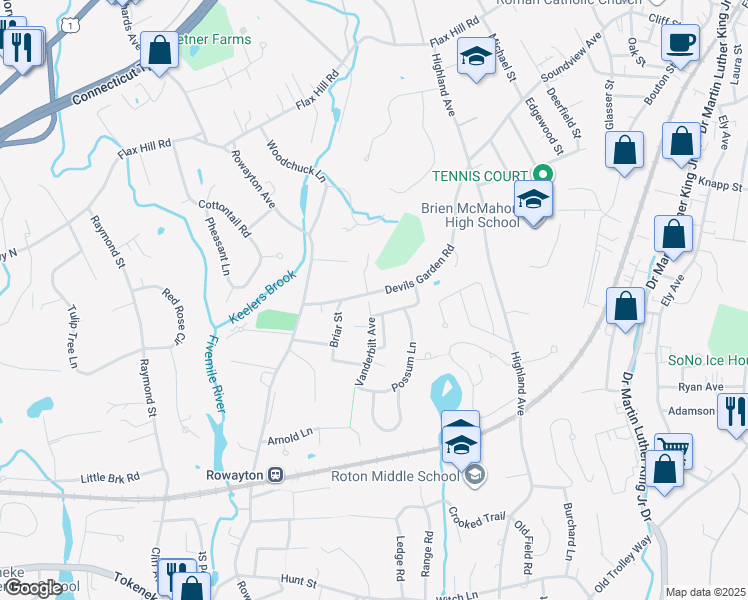 map of restaurants, bars, coffee shops, grocery stores, and more near 1 Vanderbilt Avenue in Norwalk
