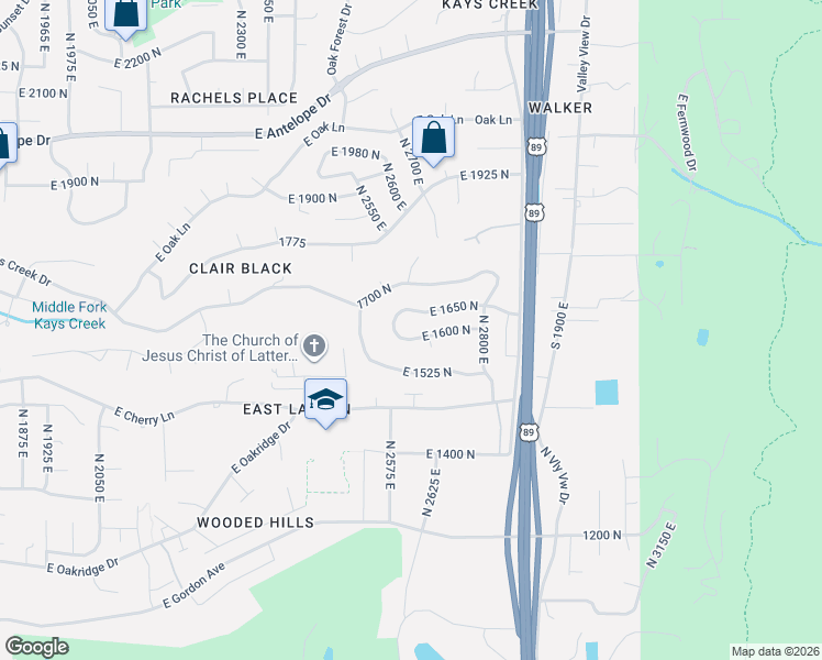 map of restaurants, bars, coffee shops, grocery stores, and more near 2685 East 1600 North in Layton