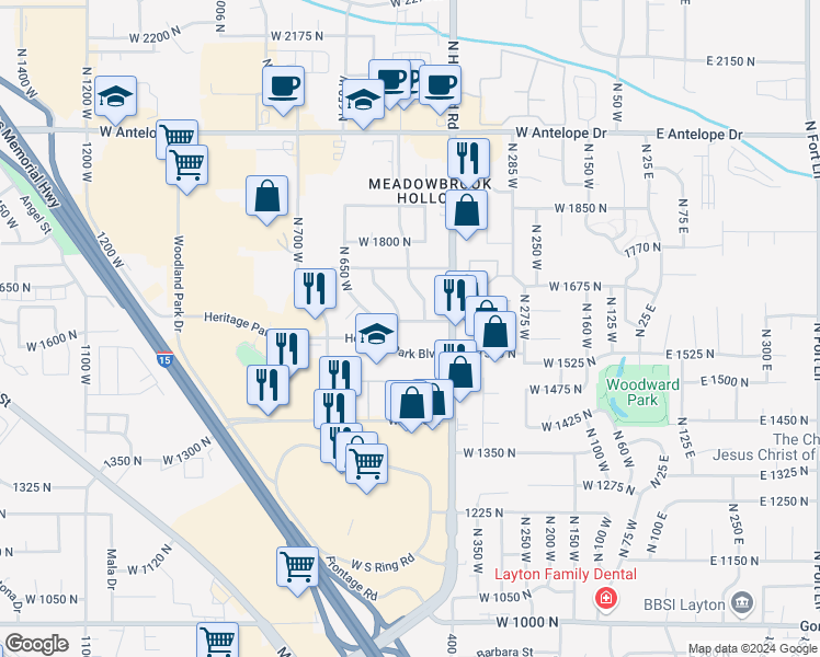 map of restaurants, bars, coffee shops, grocery stores, and more near 449 Forbes Avenue West in Layton