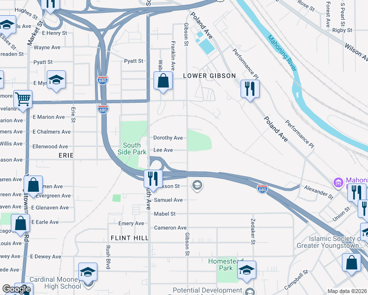 map of restaurants, bars, coffee shops, grocery stores, and more near 642 Lee Avenue in Youngstown