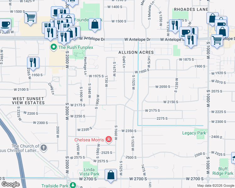 map of restaurants, bars, coffee shops, grocery stores, and more near 1656 2115 South in Syracuse