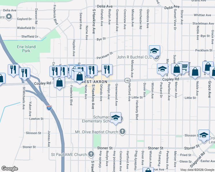 map of restaurants, bars, coffee shops, grocery stores, and more near 912 Roslyn Avenue in Akron