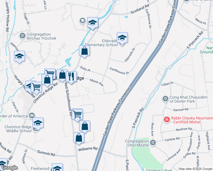 map of restaurants, bars, coffee shops, grocery stores, and more near 10 Lawrence Place in Chestnut Ridge