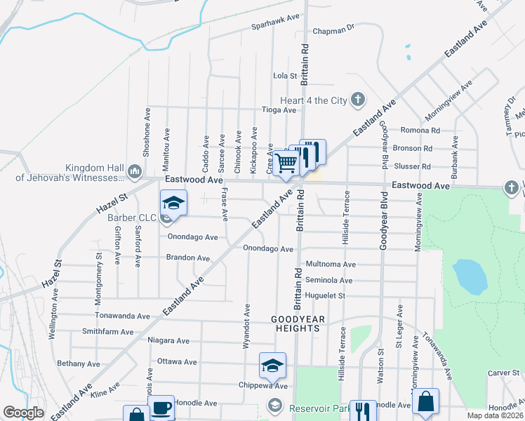 map of restaurants, bars, coffee shops, grocery stores, and more near 718 Eastland Avenue in Akron