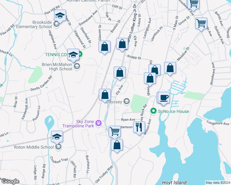 map of restaurants, bars, coffee shops, grocery stores, and more near 286 Ely Avenue in Norwalk