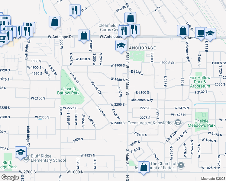 map of restaurants, bars, coffee shops, grocery stores, and more near 156 West 2100 South in Clearfield