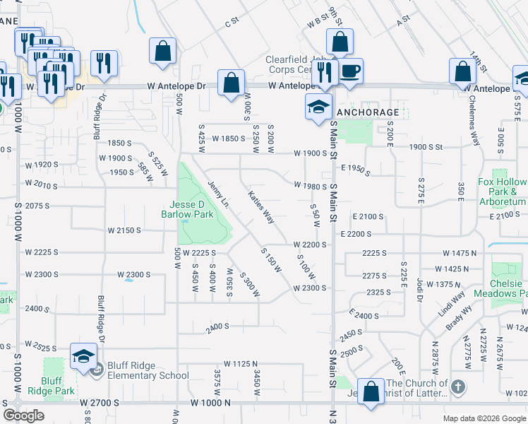 map of restaurants, bars, coffee shops, grocery stores, and more near 2181 Katies Way in Clearfield