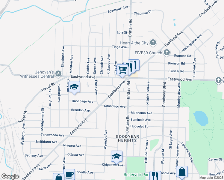 map of restaurants, bars, coffee shops, grocery stores, and more near 718 Eastland Ave in Akron