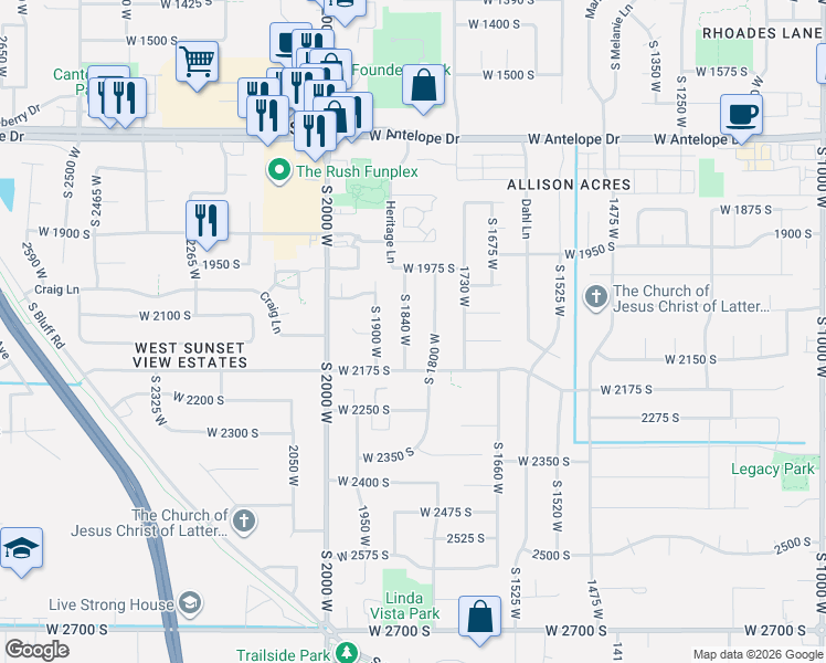 map of restaurants, bars, coffee shops, grocery stores, and more near 2099 South 1840 West in Syracuse