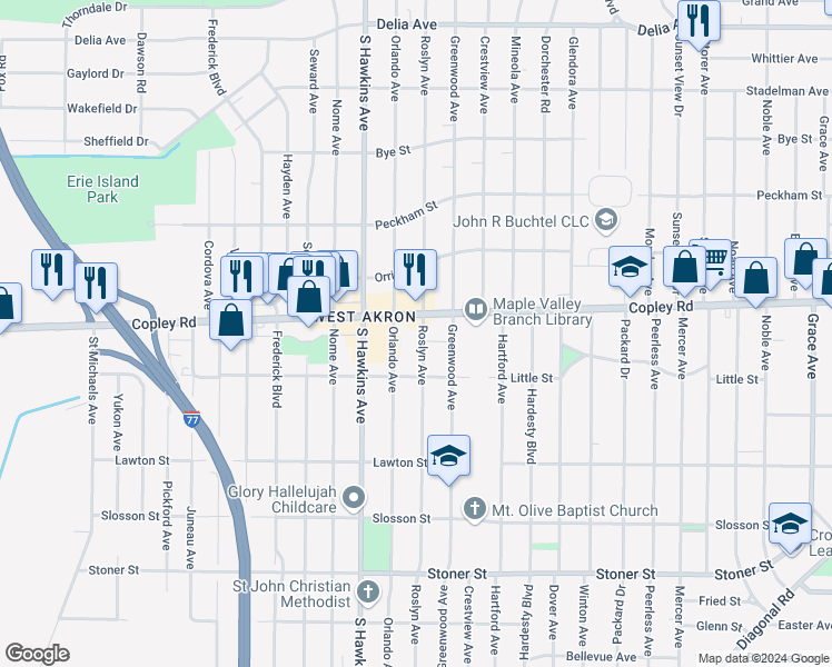 map of restaurants, bars, coffee shops, grocery stores, and more near 912 Roslyn Avenue in Akron