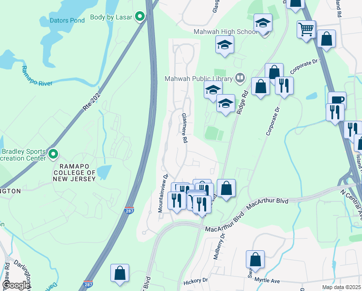 map of restaurants, bars, coffee shops, grocery stores, and more near 624 Blue Ridge Lane in Mahwah