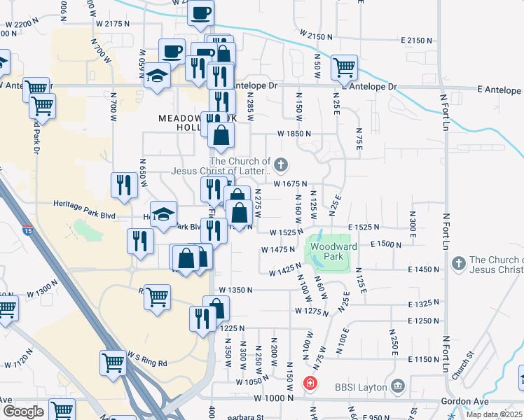 map of restaurants, bars, coffee shops, grocery stores, and more near 1620 North 275 West in Layton