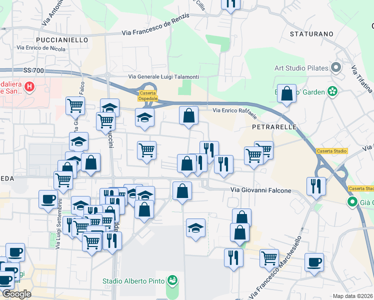 map of restaurants, bars, coffee shops, grocery stores, and more near 60 Via Michele Ruta in Caserta