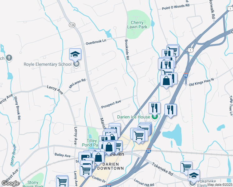 map of restaurants, bars, coffee shops, grocery stores, and more near 10 Morehouse Drive in Darien