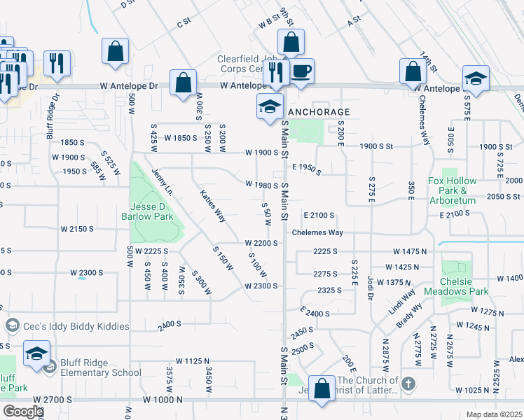map of restaurants, bars, coffee shops, grocery stores, and more near 2091 South 50 West in Clearfield
