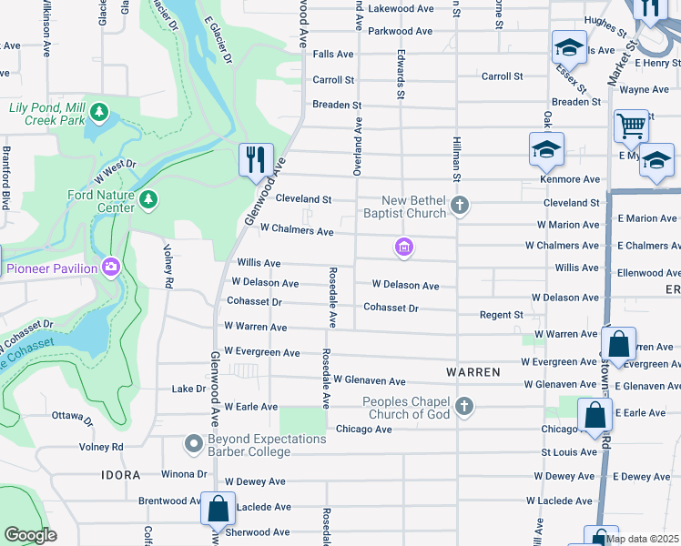 map of restaurants, bars, coffee shops, grocery stores, and more near 529 Willis Avenue in Youngstown