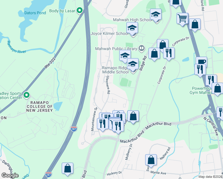 map of restaurants, bars, coffee shops, grocery stores, and more near 610 Glasmere Road in Mahwah