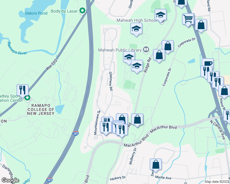 map of restaurants, bars, coffee shops, grocery stores, and more near 610 Glasmere Road in Mahwah
