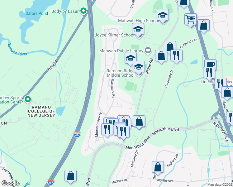 map of restaurants, bars, coffee shops, grocery stores, and more near 610 Glasmere Road in Mahwah