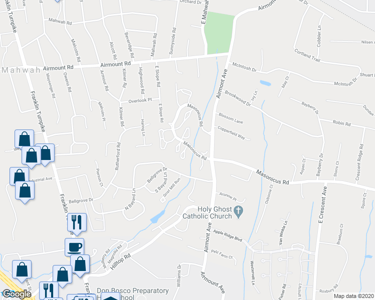 map of restaurants, bars, coffee shops, grocery stores, and more near 1038 Cambridge Court in Mahwah