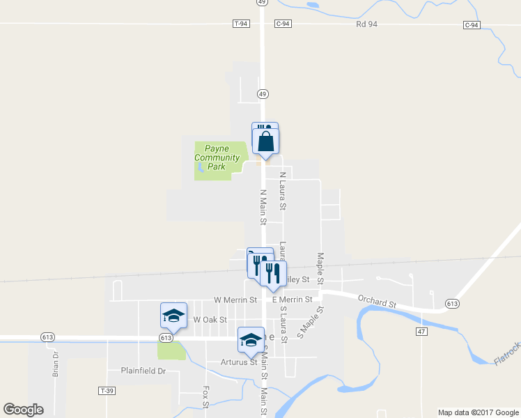 map of restaurants, bars, coffee shops, grocery stores, and more near 411 N Main St in Payne