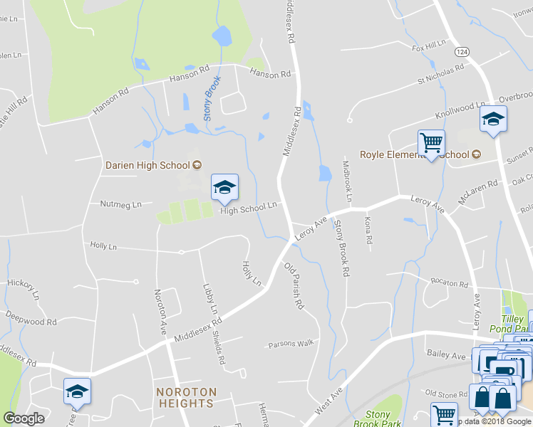 map of restaurants, bars, coffee shops, grocery stores, and more near 3 High School Lane in Darien