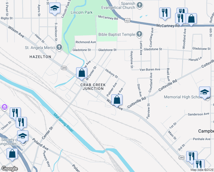 map of restaurants, bars, coffee shops, grocery stores, and more near 35 N Montgomery Ave in Youngstown