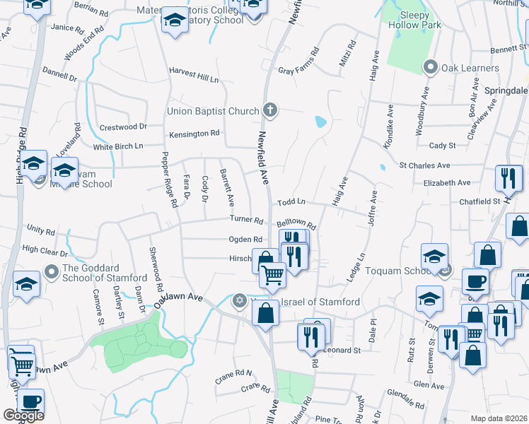 map of restaurants, bars, coffee shops, grocery stores, and more near 688 Newfield Avenue in Stamford