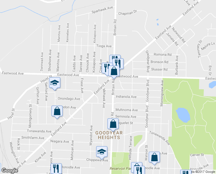 map of restaurants, bars, coffee shops, grocery stores, and more near 766 Brittain Rd in Akron