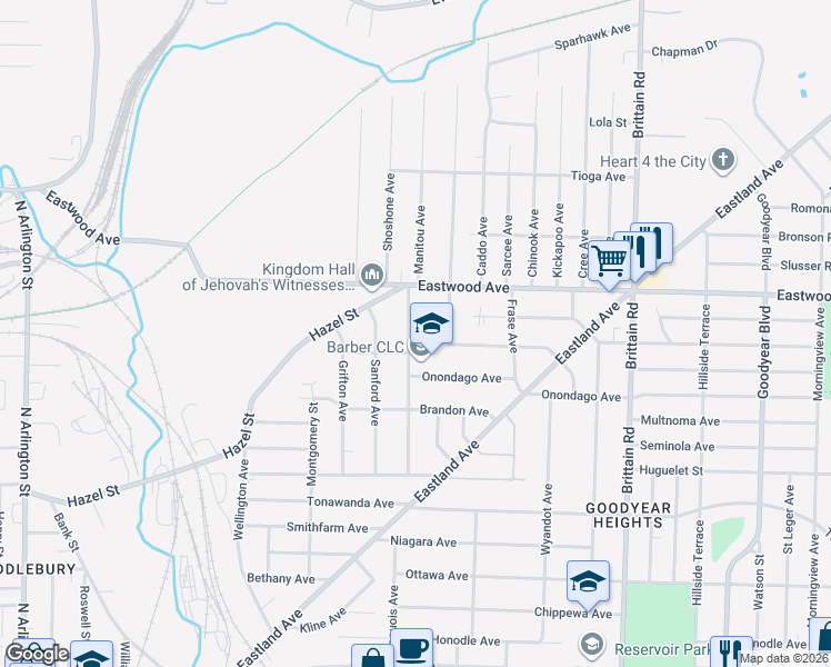 map of restaurants, bars, coffee shops, grocery stores, and more near 689 Garry Road in Akron