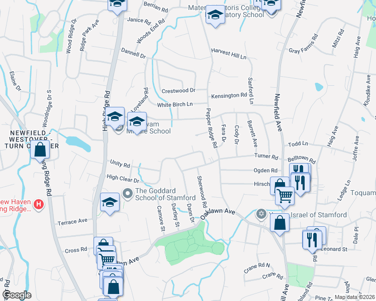 map of restaurants, bars, coffee shops, grocery stores, and more near 190 High Clear Drive in Stamford
